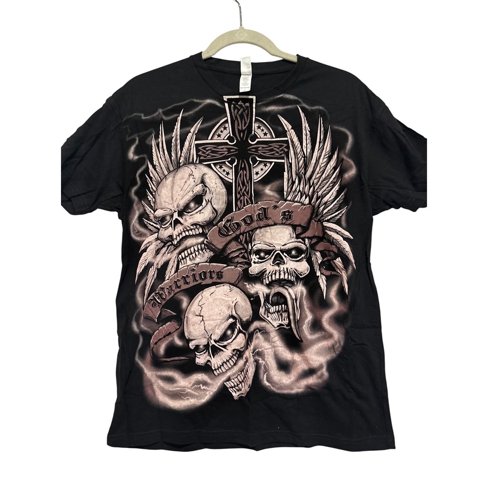 Next Level Apparel y2k streetwear Gods Skull Cross Graphic‎ T-Shirt Black sz L